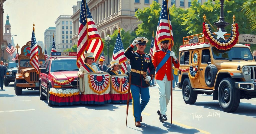 A vibrant military parade scene celebrating veterans with colorful uniforms and adorned vehicles.