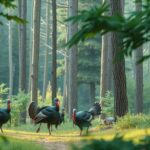 A serene woodland scene with wild turkeys among lush greenery, showcasing nature and wildlife conservation efforts.