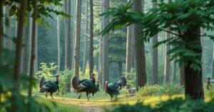 A serene woodland scene with wild turkeys among lush greenery, showcasing nature and wildlife conservation efforts.