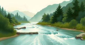 A serene landscape depicting a river meeting, with trees and distant mountains in soft earth tones.