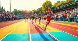Track and field race with runners sprinting on an outdoor track surrounded by colorful cheering fans.