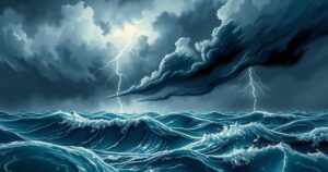 A stormy sea with dark clouds and lightning, symbolizing tension and conflict among nations in a dramatic style.