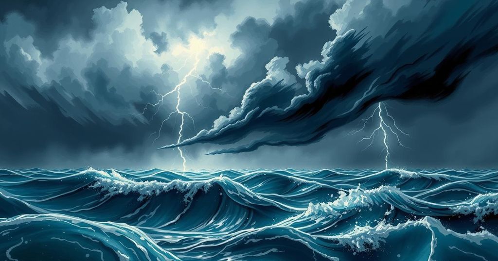A stormy sea with dark clouds and lightning, symbolizing tension and conflict among nations in a dramatic style.