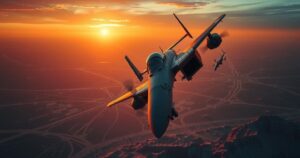 A U.S. military aircraft flying over a desert landscape at sunset, highlighting decisive action and military strength.