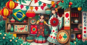 A vibrant scene featuring Brazilian and Japanese cultural elements, with colorful traditional dress and festive decorations.