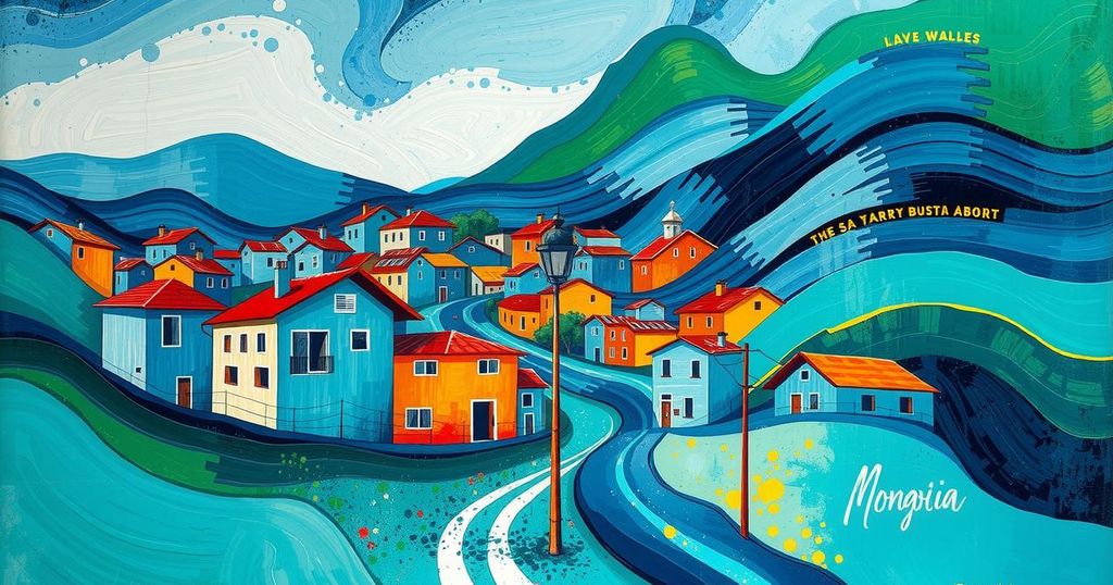 Colorful abstract representation of Mongolia with hints of an urban landscape and vibrant skies, evoking a sense of community.