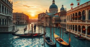 Luxurious wedding celebration in a Venetian amphitheater, with gondolas and picturesque canals during sunset.