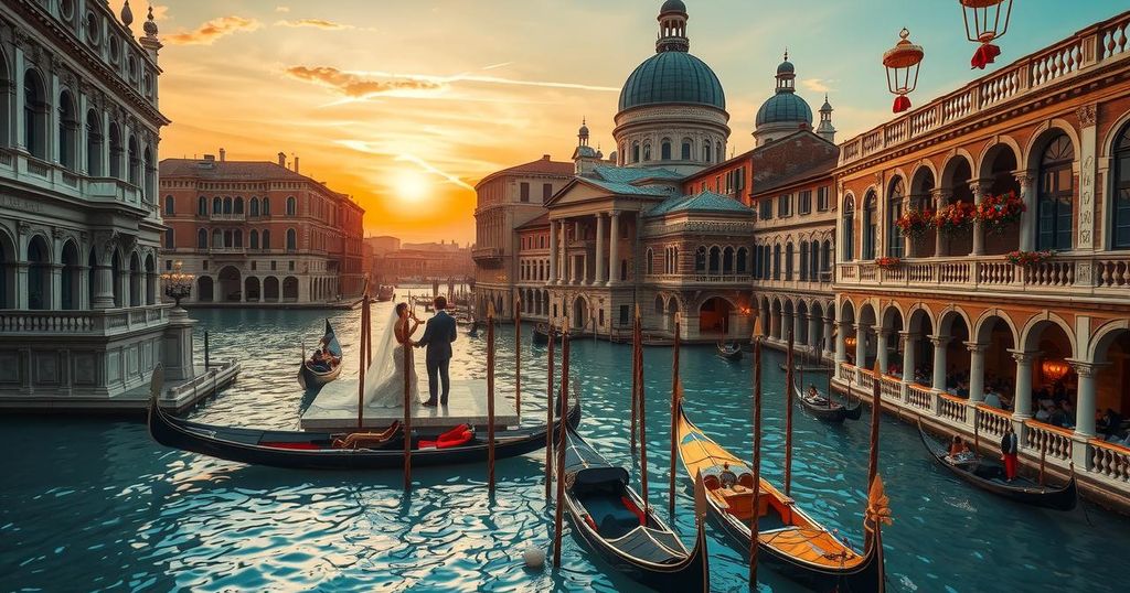 Luxurious wedding celebration in a Venetian amphitheater, with gondolas and picturesque canals during sunset.