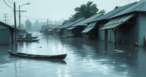 A flooded landscape in a market town, showcasing submerged structures and debris, reflecting the aftermath of heavy rainfall.