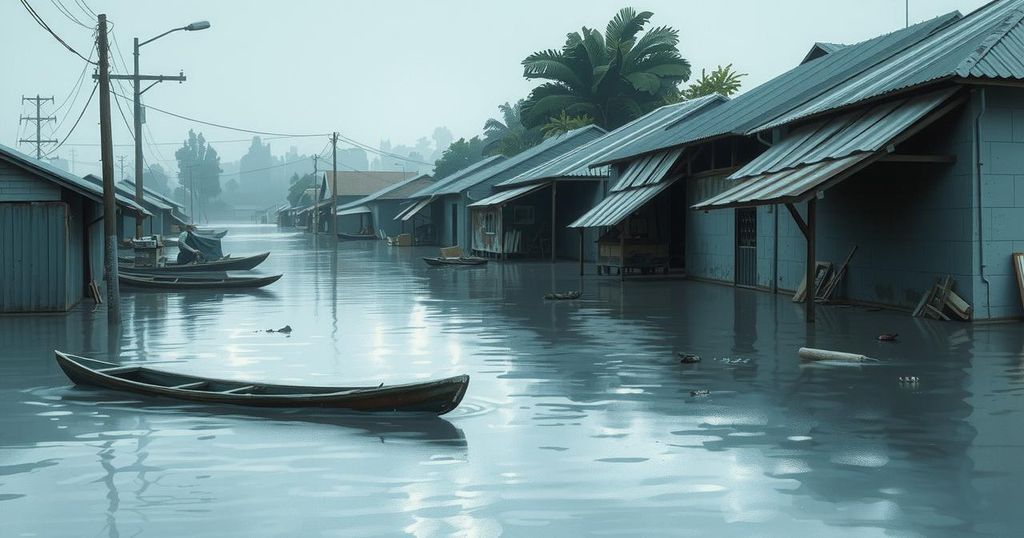 A flooded landscape in a market town, showcasing submerged structures and debris, reflecting the aftermath of heavy rainfall.