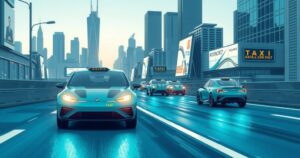 Robotaxis on city streets, showcasing futuristic vehicles against an urban skyline in a modern art style.