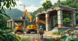 Construction scene with military builders aiding reconstruction amidst nature in a vibrant color scheme.