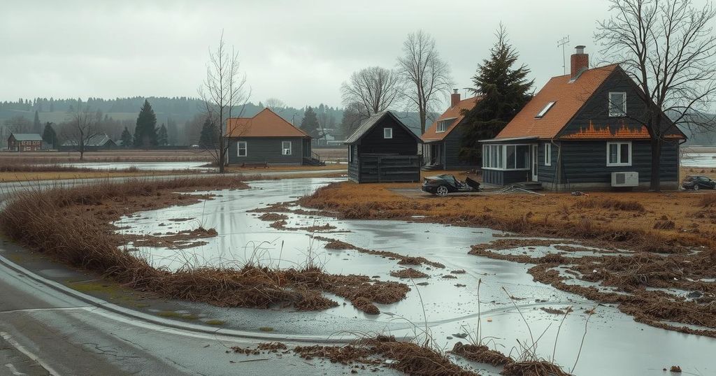 A muddy landscape after floods in South Africa, highlighting damaged homes and debris under a cloudy sky.