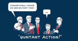 Congressional leaders discuss military action with a dark blue color scheme and a bold graphic art style.