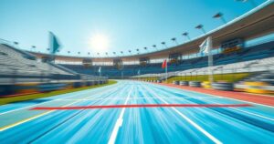 A vibrant track scene capturing a winning moment at an athletic event, showcasing athleticism and competition.