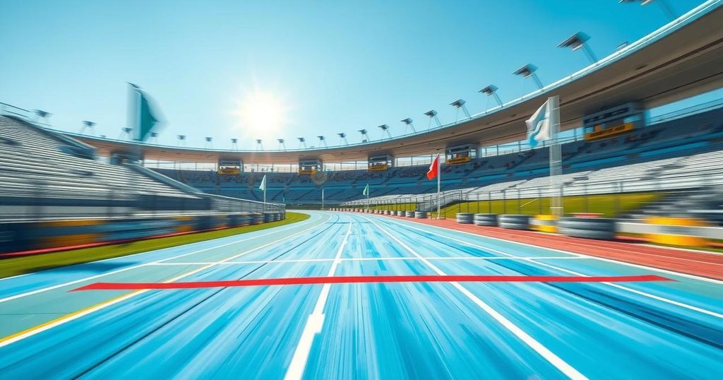 A vibrant track scene capturing a winning moment at an athletic event, showcasing athleticism and competition.
