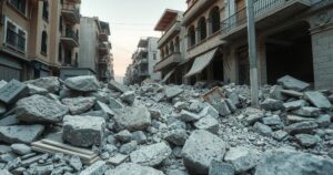 Worker clearing debris after an earthquake in a city street with fallen rocks and rubble.