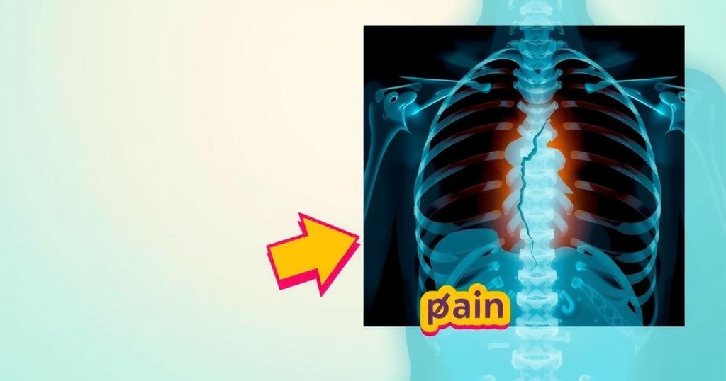 A broken rib x-ray and an illustrated pain concept with arrows in vibrant contrasting colors
