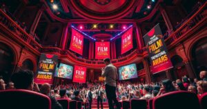 Kyrgyzstan's film festival award celebration with a vibrant theater backdrop and festive atmosphere showcasing cinema.