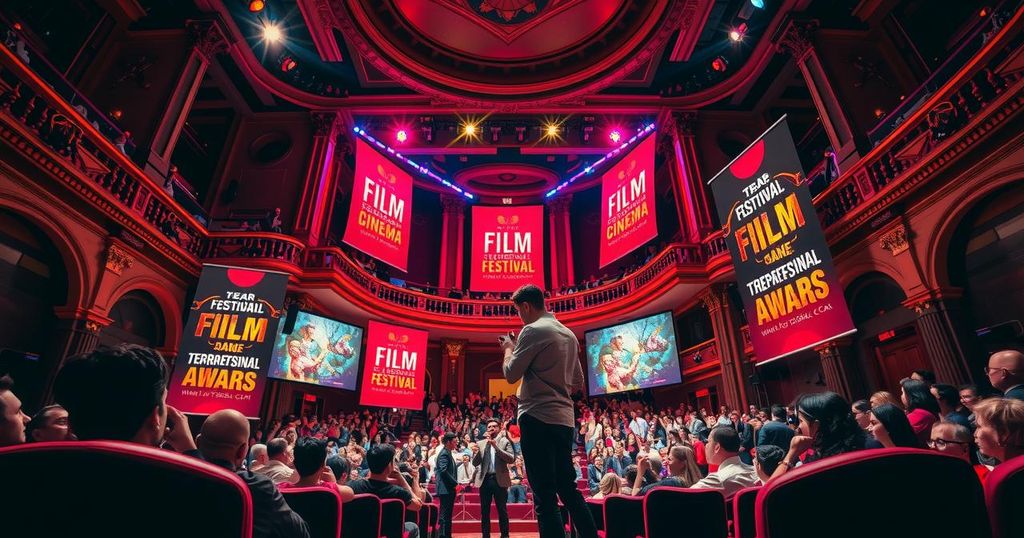 Kyrgyzstan's film festival award celebration with a vibrant theater backdrop and festive atmosphere showcasing cinema.