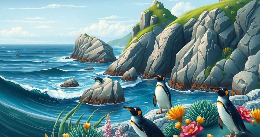 Landscape of rocky coastal cliffs under a bright blue sky with penguins in the foreground, showcasing marine life conservation.