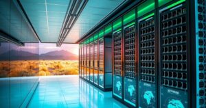 A modern data center with high-tech servers surrounded by green energy displays in a Botswana landscape.