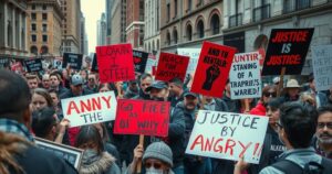 Protesters holding signs against police brutality in an urban setting conveying anger and demand for justice.