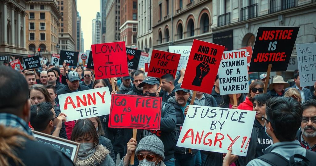 Protesters holding signs against police brutality in an urban setting conveying anger and demand for justice.