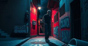 A dark alley in Colombia with graffiti representing the historical influence of crime on youth.