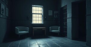 A somber and reflective scene depicting a prison cell with stark light and shadow, evoking themes of justice and accountability.