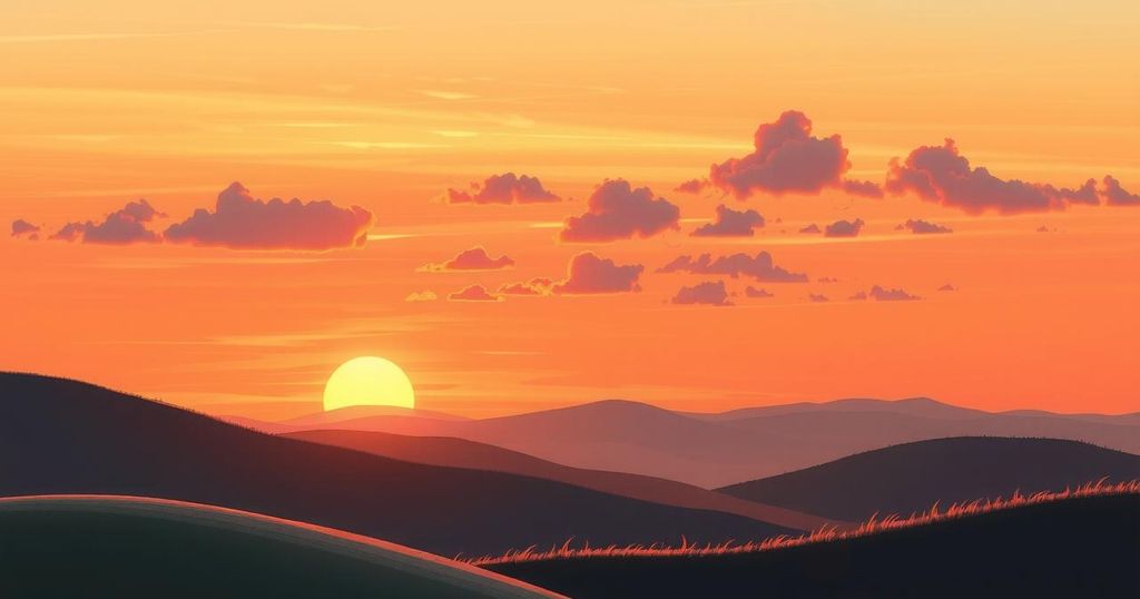 Serene landscape at sunset with layered hills, soft clouds, and a warm color palette of oranges and purples.