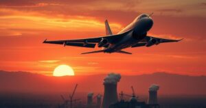 A military aircraft flying over a landscape with nuclear facility silhouettes in a sunset color scheme.