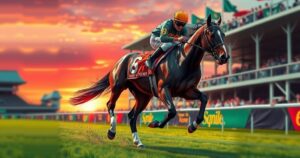 A dark bay horse galloping on the racetrack under a vibrant sunset sky.