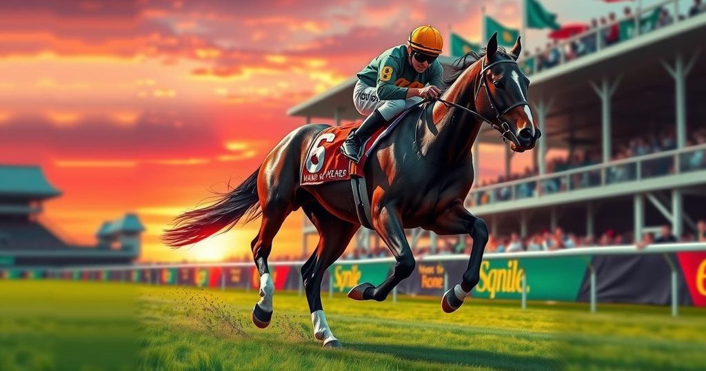 A dark bay horse galloping on the racetrack under a vibrant sunset sky.
