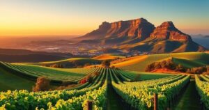 Luxurious South Africa landscape featuring Table Mountain and lush vineyards with a sunset background.