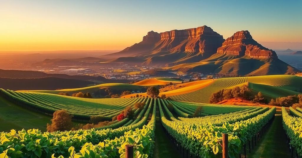 Luxurious South Africa landscape featuring Table Mountain and lush vineyards with a sunset background.