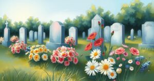 A tranquil cemetery scene with flowers and headstones in soft pastel colors, reflecting a serene memorial atmosphere.