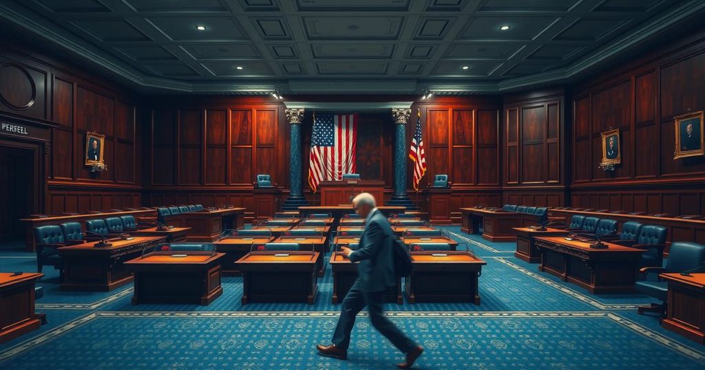 Senate chamber with empty desks and flags, symbolizing political debate and war powers discussions.