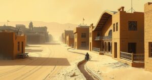 Heatwave in Punjab with deserted streets and parched landscape under a glaring sun, showcasing intense summer conditions.
