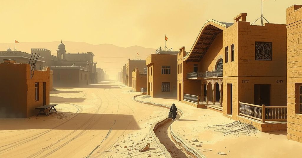 Heatwave in Punjab with deserted streets and parched landscape under a glaring sun, showcasing intense summer conditions.