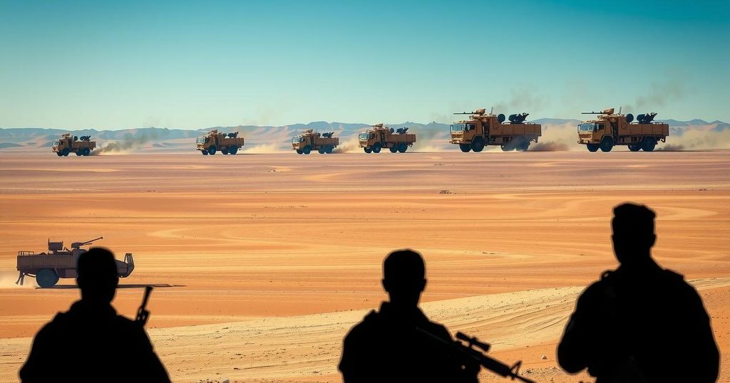 Desert landscape with military trucks and silhouettes of armed individuals, reflecting conflict in Mali.
