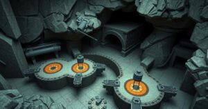 A textured map of a critical underground facility with craters in a military color scheme, symbolizing conflict and strategy.