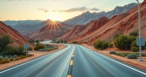 A serene Moroccan landscape depicting open roads and mountains, emphasizing travel safety during festive celebrations.