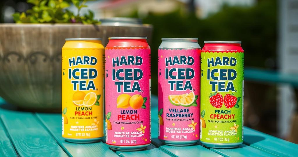 A refreshing assortment of hard iced tea cans in flavors like Lemon, Peach, and Raspberry, set against a summer backdrop.