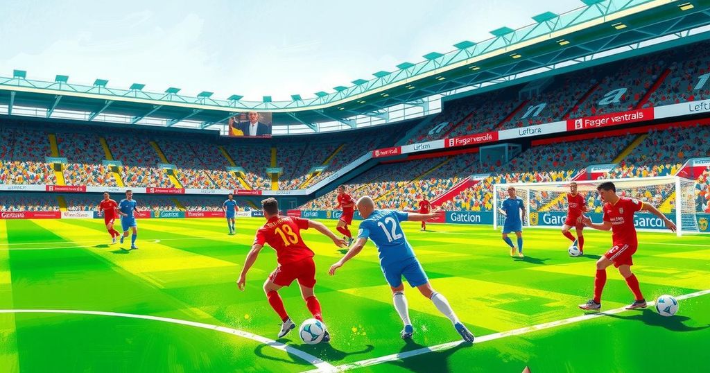 A vibrant soccer scene capturing a match with a lively atmosphere, featuring dynamic movements and bright colors.