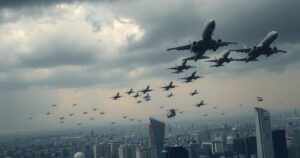 Aerial view showcasing increased activity in Tehran's skies with aircraft in motion, depicting tension and conflict.