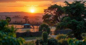 A Kenyan landscape featuring an army barracks, lush greenery, and a distant bar under a sunset, evoking a military presence.