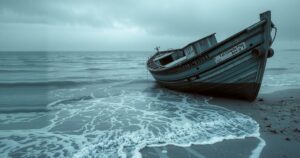 Weathered boat washed ashore on a serene beach with calm waters and cloudy sky in shades of blue and gray.