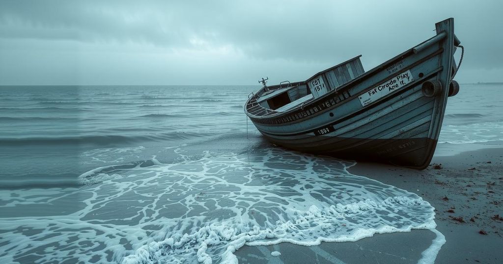 Weathered boat washed ashore on a serene beach with calm waters and cloudy sky in shades of blue and gray.