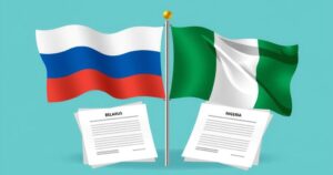 Abstract representation of international customs cooperation with flags of Belarus and Nigeria and documents in a formal setting.